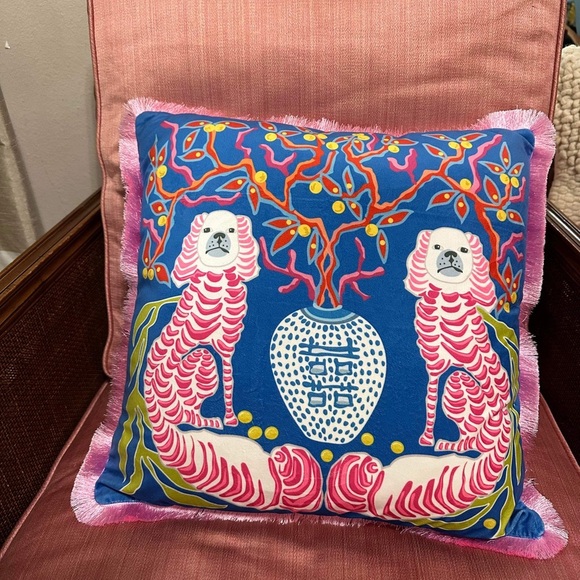 Pillow Cover Grandmillennial Monkeys - Pink Green Chinoiserie Staffordshire Dogs - Picture 3 of 17